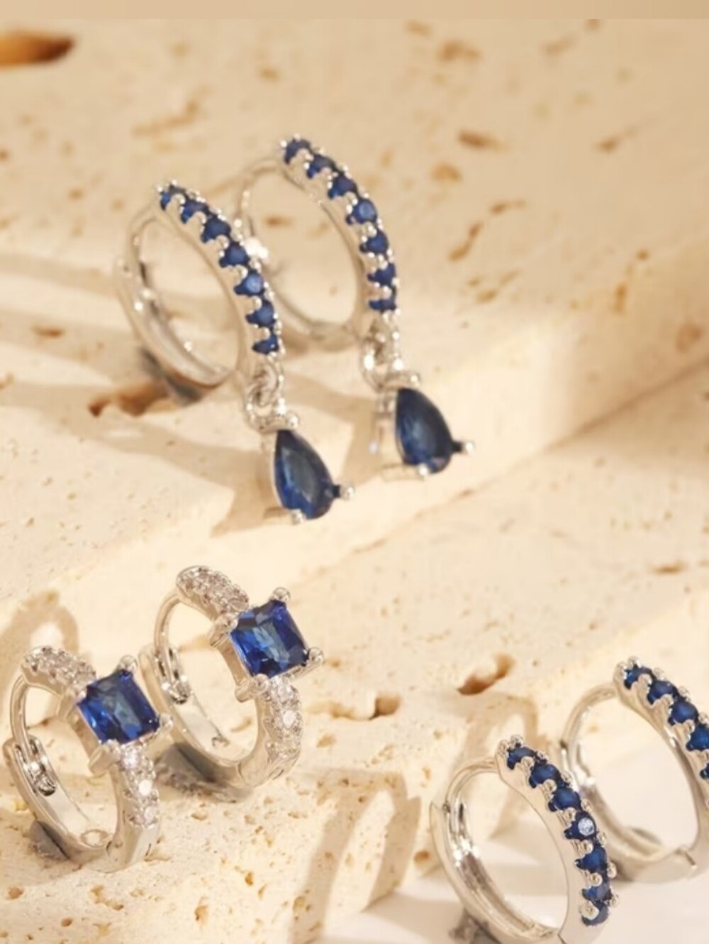New Silver Hoop Earrings with Blue Gem Accents - Elegant Women's Jewelry